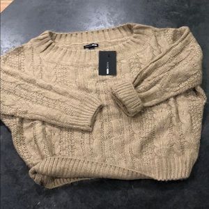 Tan off the shoulder knit cropped sweater